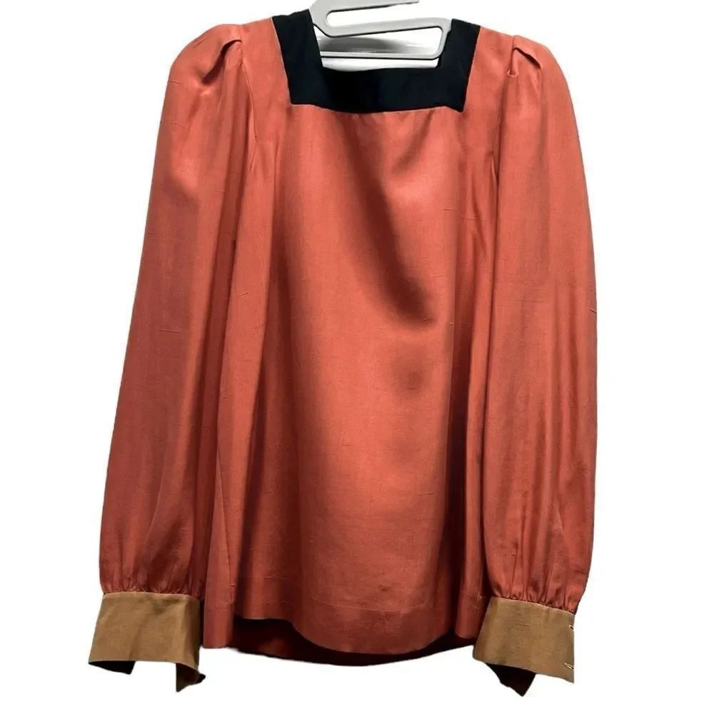 CHLOE Top Blouse Shirt Marigold Yellow Orange Silk Long Sleeve, Gold Buttons